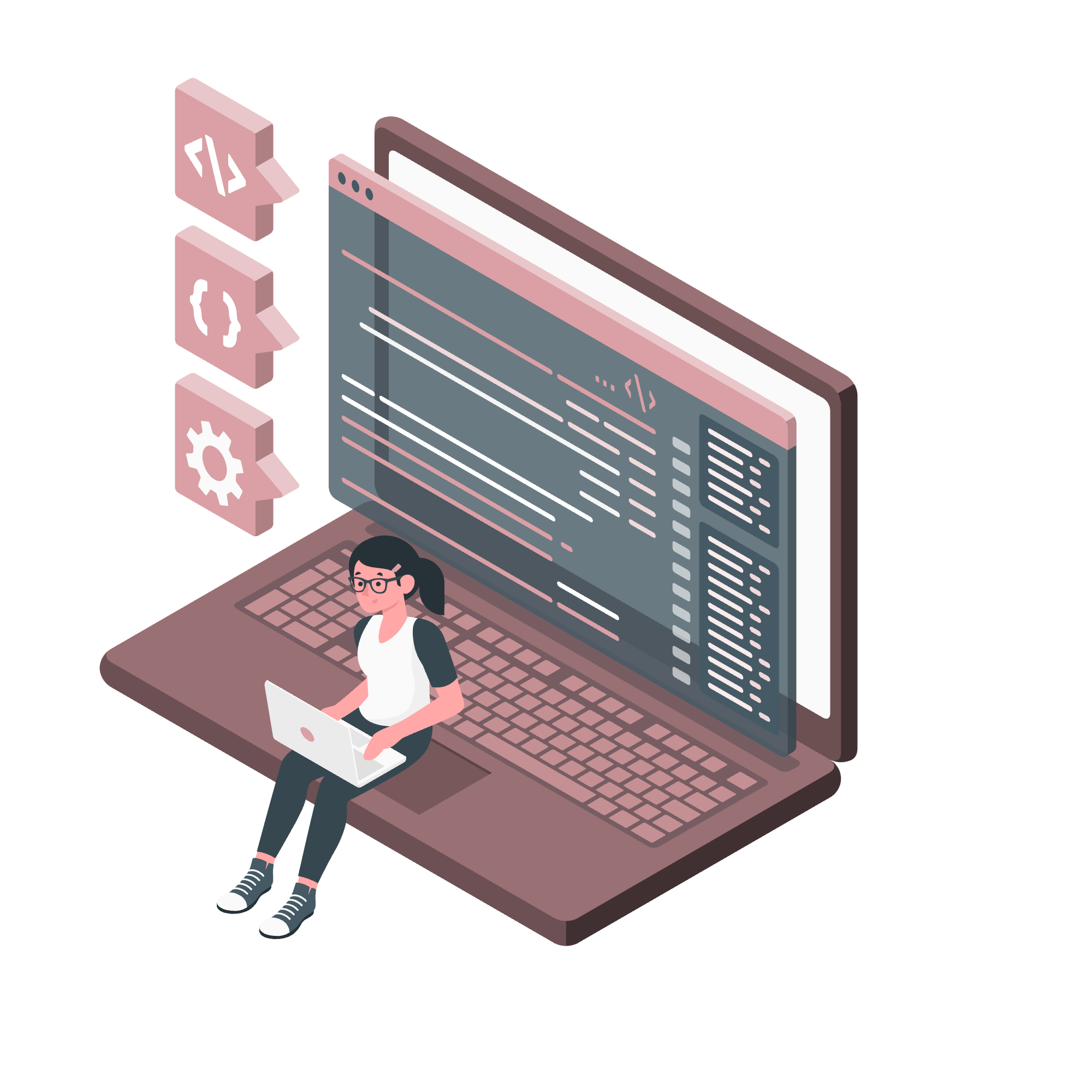 Vector illustration of a girl coding on her laptop.